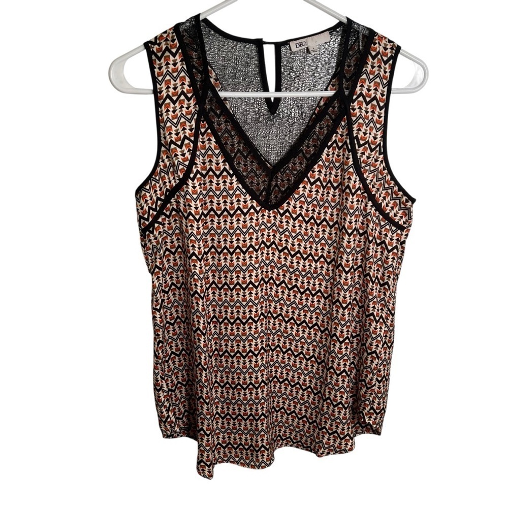 DR2 Womens Size Small Sleeveless Blouse V-Neck Cream Orange Geometric Black Lace